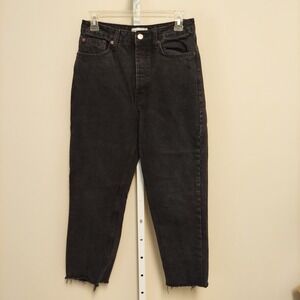 Zara Womens High Waisted Mom Jeans‎ Faded Black Raw Hem Button Fly Denim Pants